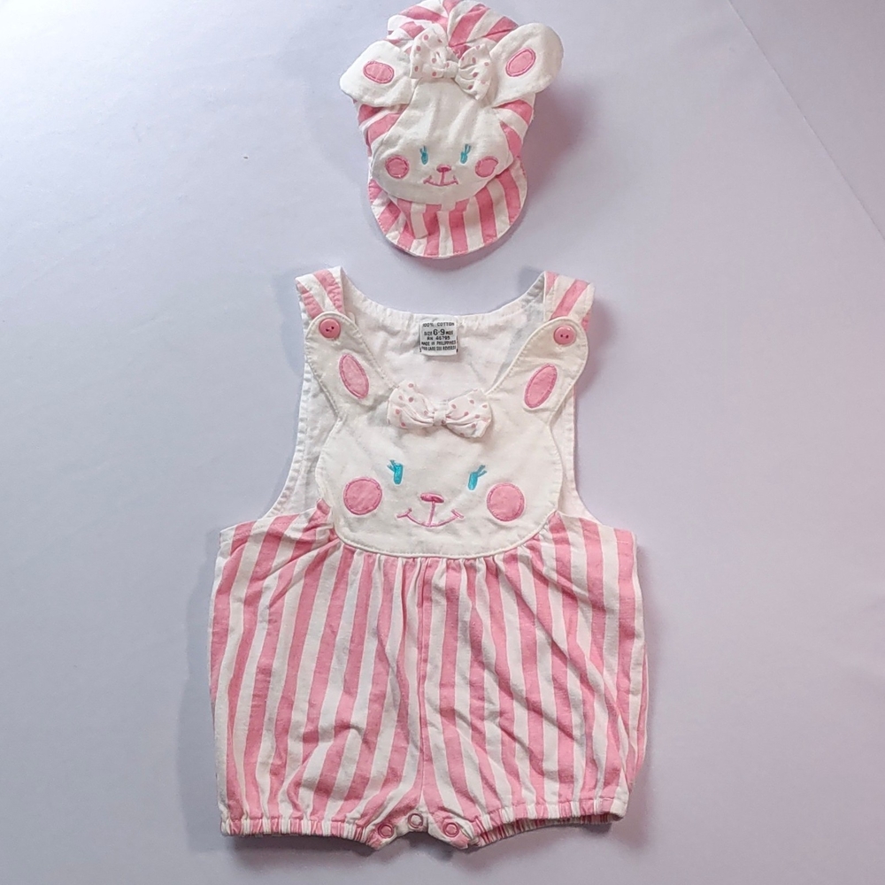 Pink and White Striped Bunny Romper with Hat